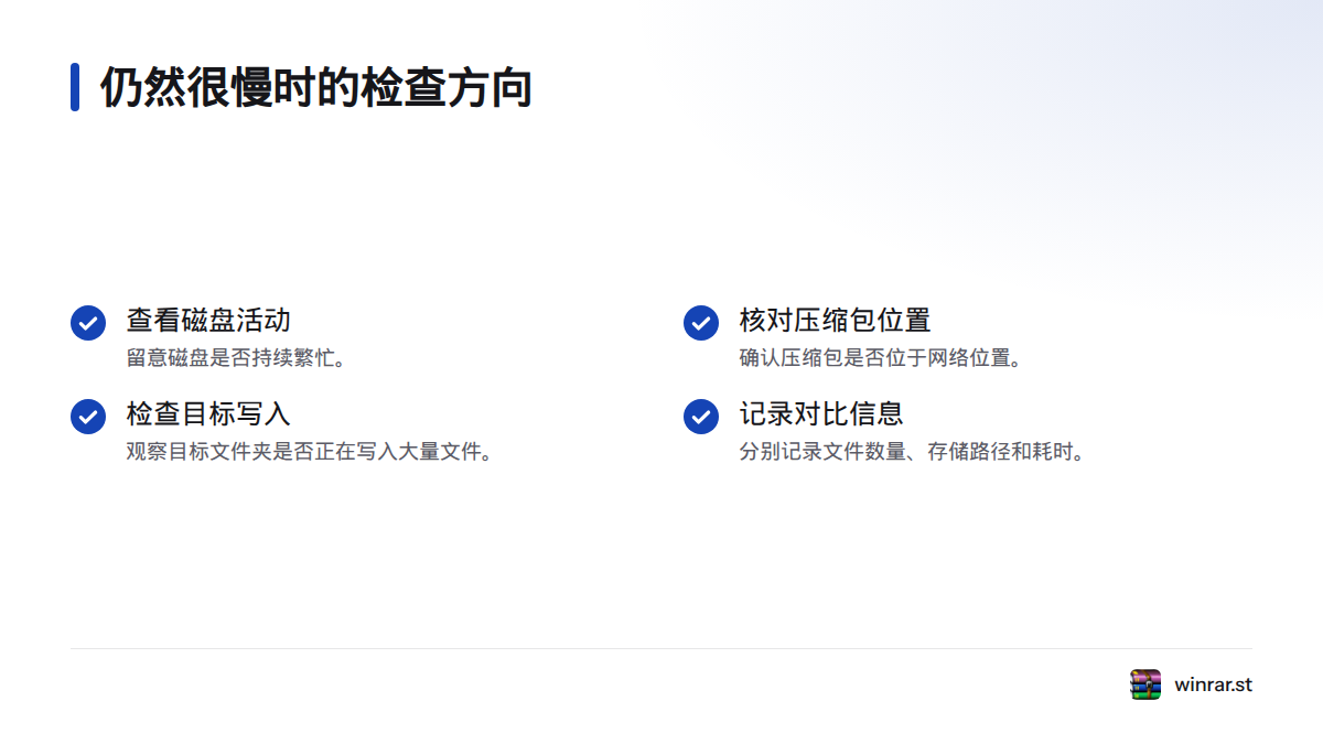 继续检查磁盘是否繁忙、压缩包是否位于网络位置、目标文件夹是否写入大量文件,并记录文件数量、路径和耗时。
